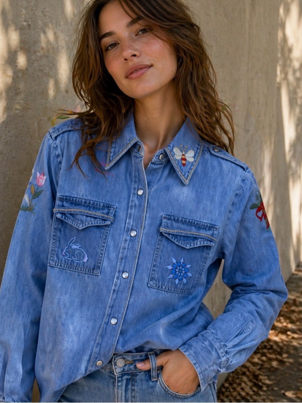Vintage Light Blue Embroidered Denim Button-Down Shirt